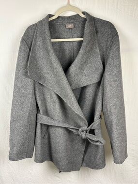 J. Jill Gray Wrap Trench Coat wool blend Large with Self Tie Belt cozy